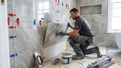 Colocación profesional en obra de porcelanato gran formato con ventosas, cuñas autonivelantes y nivel láser