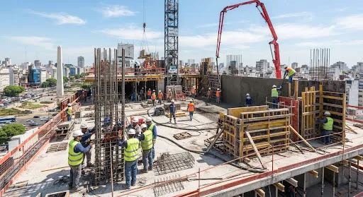 Active high-rise reinforced concrete construction site in Buenos Aires with workers placing formwork rebar cages and pump boom concrete pouring under bright sunlight