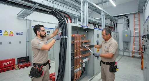Commercial electrical switchboard room installation with certified electricians routing Prysmian cables in cable trays and terminating busbars