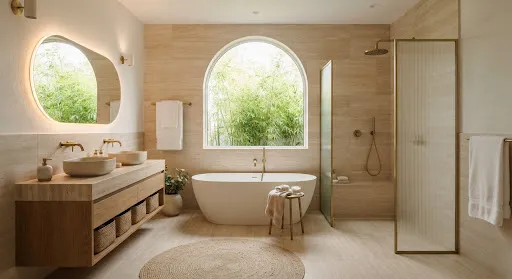 Minimalist luxury master ensuite bathroom with warm travertine stone tiles, backlit oval mirror, floating oak wood double vanity, arched window overlooking green bamboo, walk-in shower with ribbed glass screen and brass rain shower head, freestanding matte white soaking bathtub.