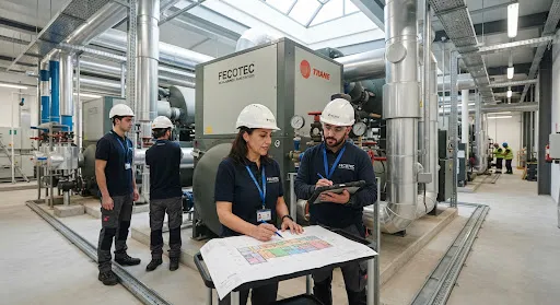 High-end construction site showing professional MEP engineers with blueprints inspecting heavy industrial HVAC chillers and insulated stainless steel ductwork under natural technical lighting with clean architectural lines.