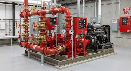 Neat fire safety pump station with grooved ductile iron couplings, UL FM valves, pressure gauges, and red NFPA 20 fire pumps with high precision industrial engineering detailing.