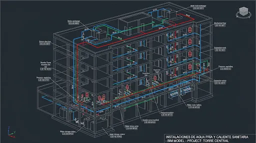 Modelo BIM MEP Isométrico de edificio comercial y residencial con montantes de agua sanitaria, salas de bombas y colectores centrales