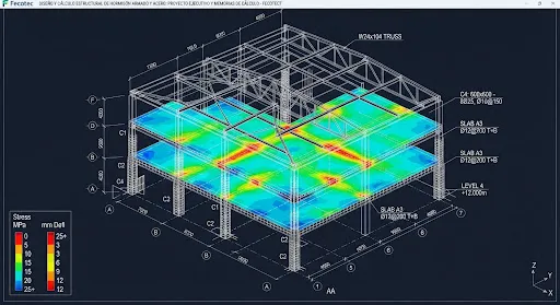 Detailed 3D architectural engineering structural wireframe render of a multi-story concrete and steel commercial building. Isometric CAD visualization showing finite element analysis stress heatmap on slabs transitioning from cyan to green, yellow, and red stress peaks at 25 MPa and 12 mm deflection. White technical dimension lines, rebar column reinforcement details, structural steel trusses W24x104 I-beams, coordinate axes X Y Z, and engineering annotations on dark navy blueprint background.