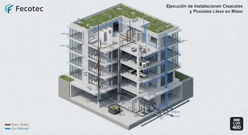BIM LOD 400 3D isometric cutaway render of a multi-story concrete commercial building showcasing sanitary drainage, rainwater stormwater pipes in blue and brown, grease traps, and sewage sump pump stations coordinated with zero beam clashes.