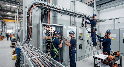 Equipo técnico de FECOTEC realizando mantenimiento preventivo en tableros eléctricos industriales, con instrumental calibrado y EPP, estética blueprint industrial