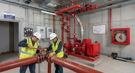 Technical fire suppression system pump room installation showing certified pipefitters assembling large red grooved carbon steel pipes, diesel fire engine backup, pressure gauges and fire hose station cabinet in modern high-rise concrete construction