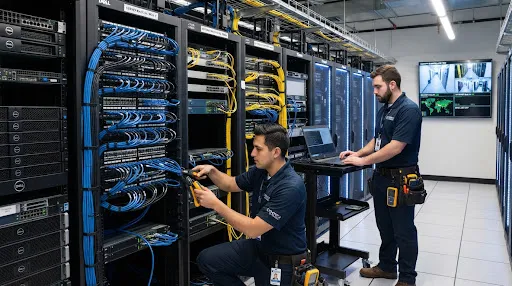 Personal técnico instalando y certificando fibra óptica y cableado estructurado en rack corporativo