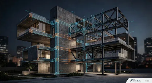 High-contrast architectural 3D render of a modern structural steel frame intersecting with brutalist concrete forms. A bright technical wireframe overlay in blueprint blue and safety orange highlights stress points. Minimalist luxury real estate development aesthetic, dramatic studio lighting.