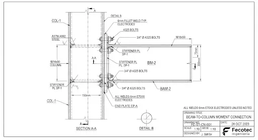 Technical blueprint drawing of a steel I-beam connection node, strict black and white lines on white background.