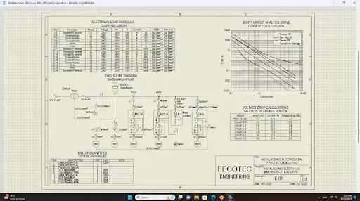 Technical blueprint engineering drawing sheet showing electrical load schedule tables, single-line diagram with transformers and MCC panels, short circuit analysis curve, voltage drop calculations, and bill of quantities on graph paper background labeled FECOTEC engineering.
