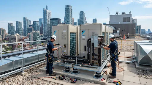 Instalación de unidades condensadoras VRV/VRF en cubierta técnica por Fecotec S.A.