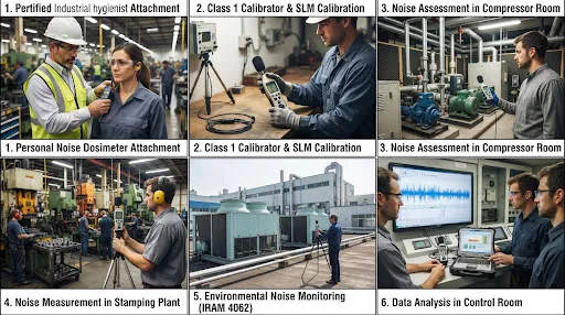 Mosaico fotográfico técnico de auditorías de ruido y dosimetría ocupacional en plantas industriales y salas de máquinas