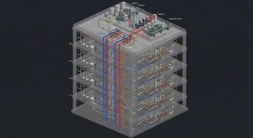 Technical 3D BIM MEP isometric render of multi-story building showing color-coded domestic cold and hot water plumbing systems, chillers on roof, vertical water risers in blue and red, expansion vessels and water meter manifolds against dark engineering CAD background with wireframe structural slabs