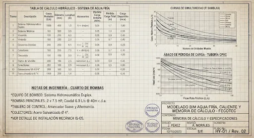 Technical blueprint plan sheet of hydraulic water calculation table, simultaneous flow curves, head loss graphs, and mechanical pump room engineering notes on antique technical graph paper with blueprint border and stamps