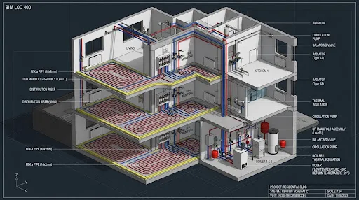 Modelado BIM LOD 400 isométrico de sistema de calefacción residencial por piso radiante, radiadores Type 22, colectores modulantes y sala de calderas en subsuelo