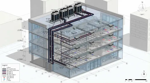 Modelo BIM 3D de edificio corporativo mostrando el ruteo de conductos de aire y cañerías frigoríficas VRV/VRF desde las condensadoras en terraza hasta las unidades interiores en cada nivel