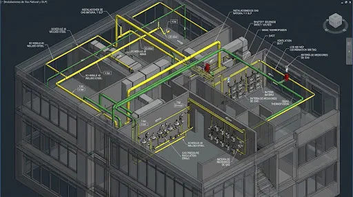Technical 3D BIM engineering model overlay of natural gas piping and regulation systems