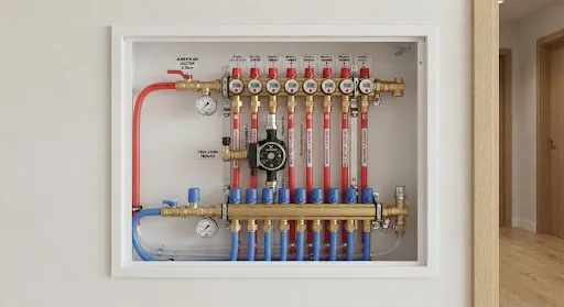 Close-up engineering architectural render of a floor heating manifold collector with red and blue pipes, digital flow meters, precision pressure gauges, cleanly labeled brass valves, installed neatly inside an in-wall cabinet of a luxury home.
